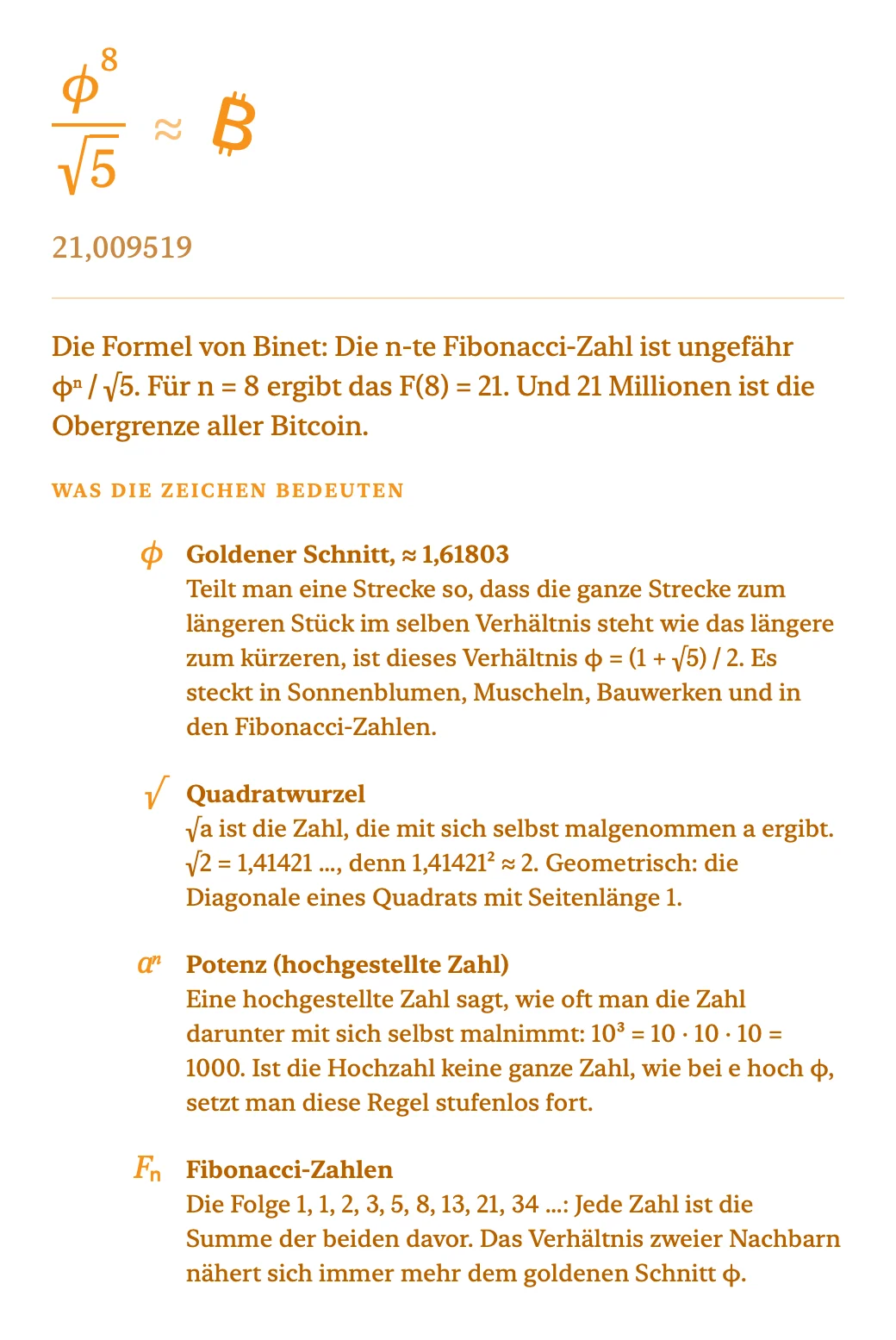 Erklärfenster zur Formel φ⁸/√5 mit Erklärung der Zeichen φ, Wurzel, Potenz und Fibonacci-Zahlen
