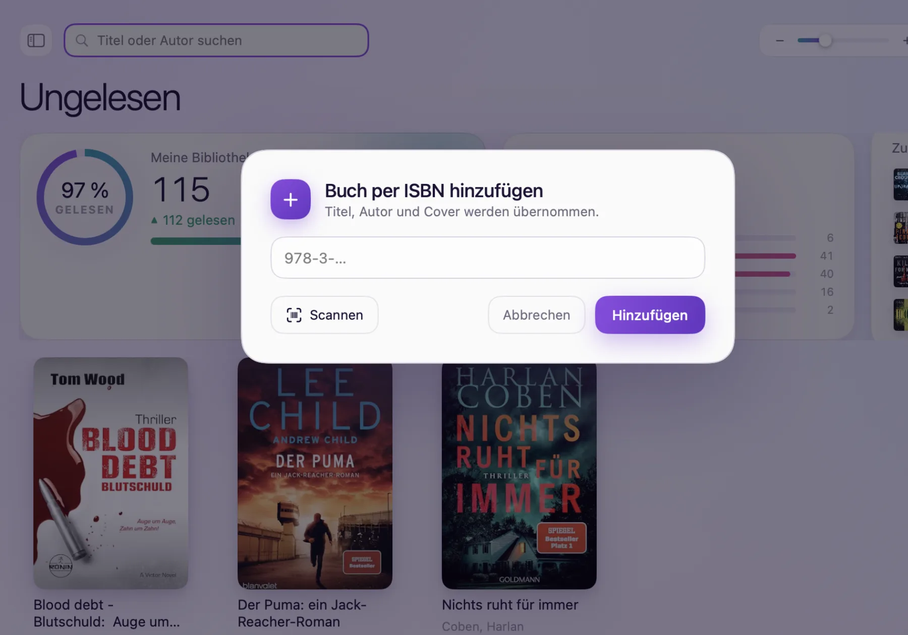 Dialog zum Hinzufügen eines Buchs per ISBN